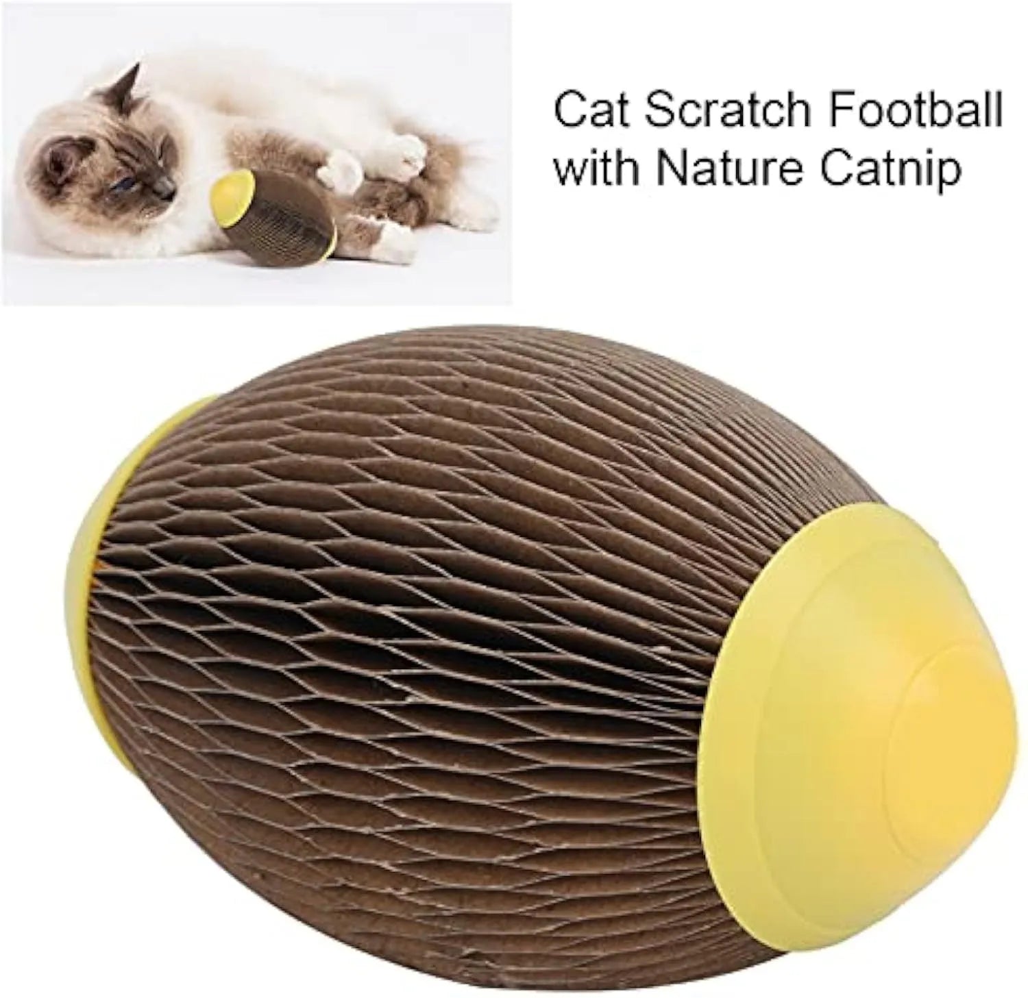 Ellipse-shaped catnip football toy made from brown recycled corrugated paper.