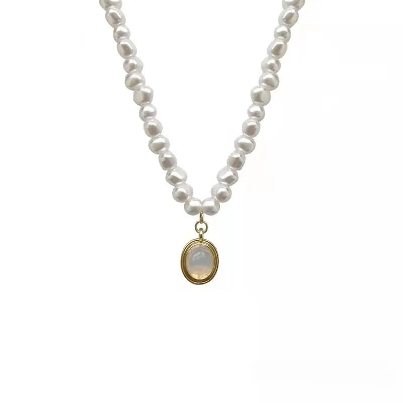 French Court vintage pearl necklace with geometric pendant on adjustable 21-50cm chain