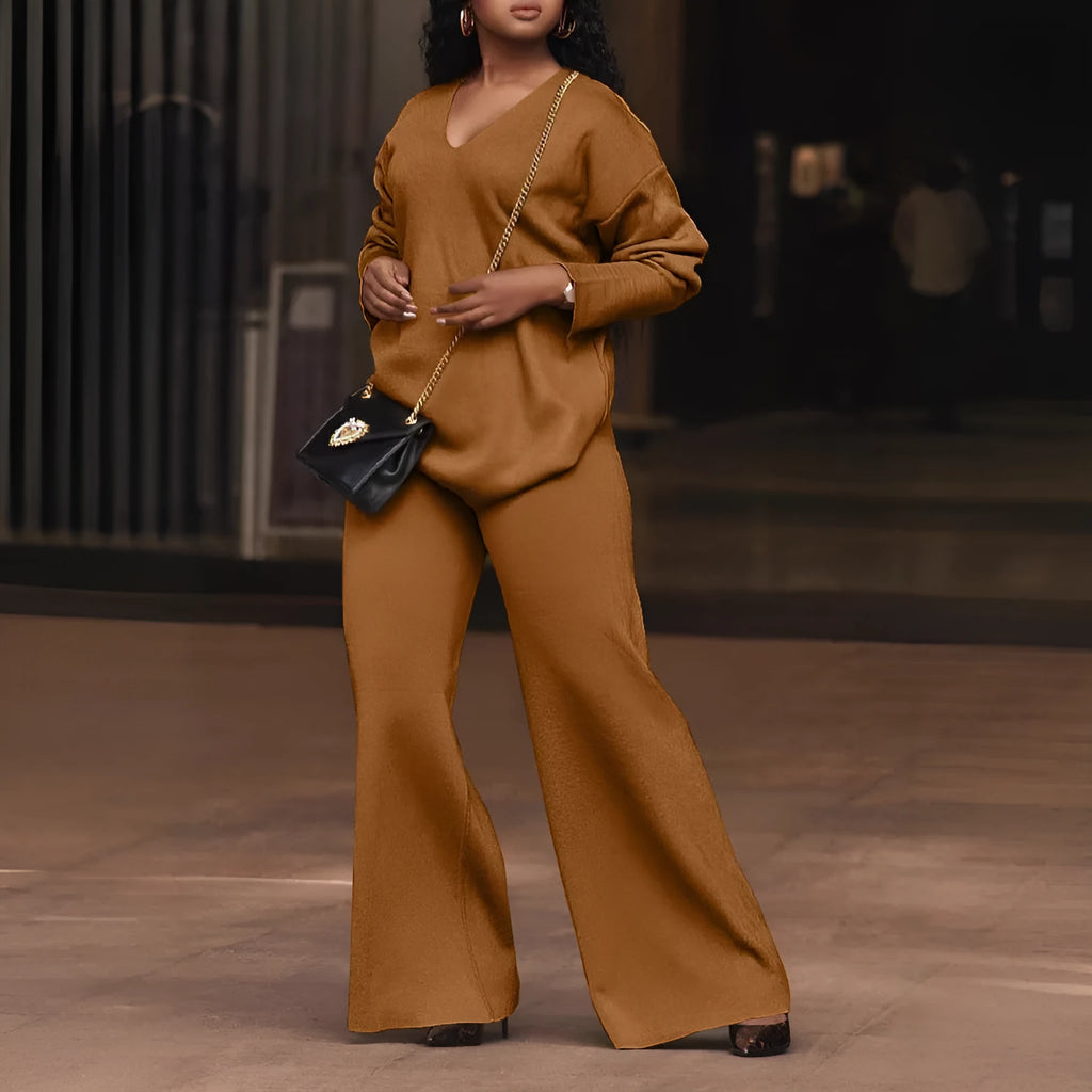 Women's brown suede two-piece casual suit with long sleeves and full-length trousers, Japanese Korean style.