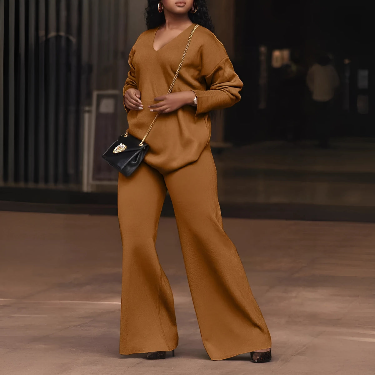 Women's brown suede two-piece casual suit with long sleeves and full-length trousers, Japanese Korean style.