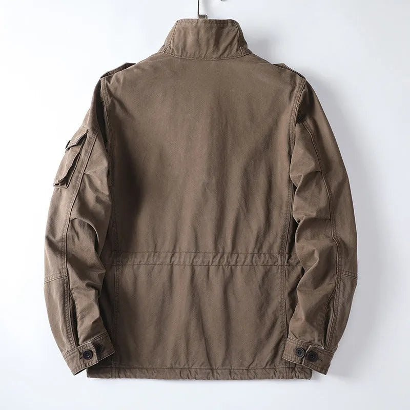 Men's loose retro-style cotton jacket in light brown, zip-up front, casual fit