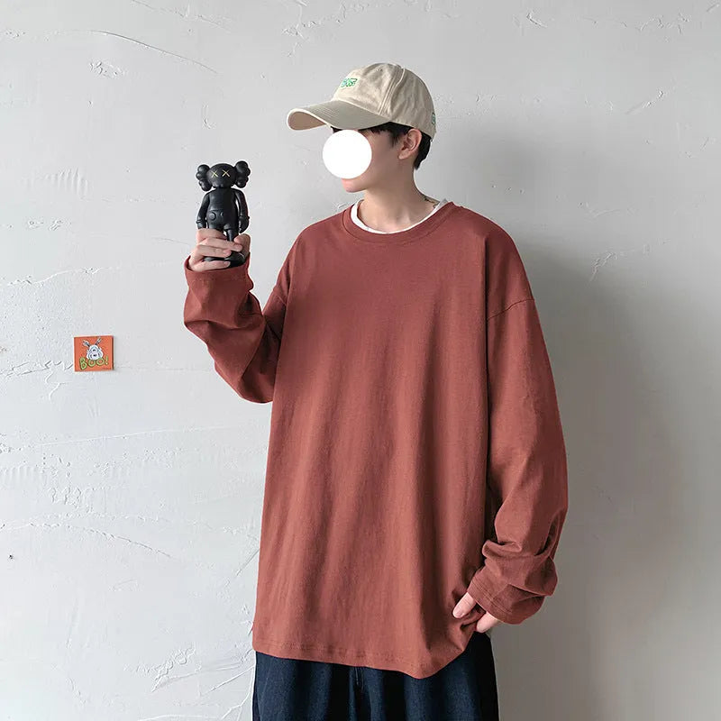 Men's pure cotton long sleeve T-shirt, O-neck, loose fit, plain design, available in sizes S to 5XL and multiple colours.