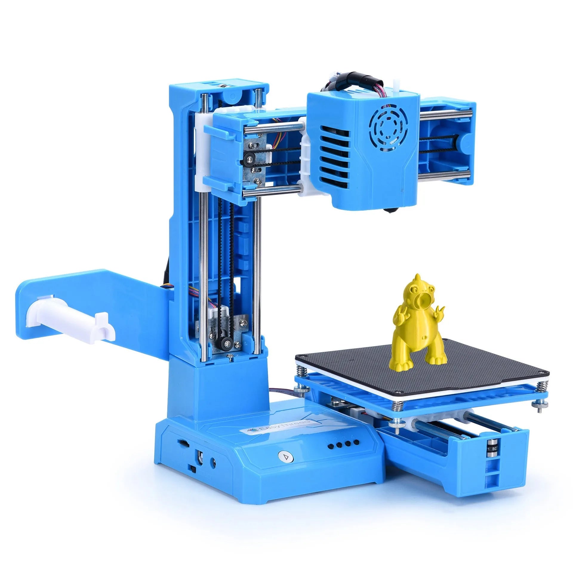 Black and blue K9 Mini desktop 3D printer on a table next to a small printed model.