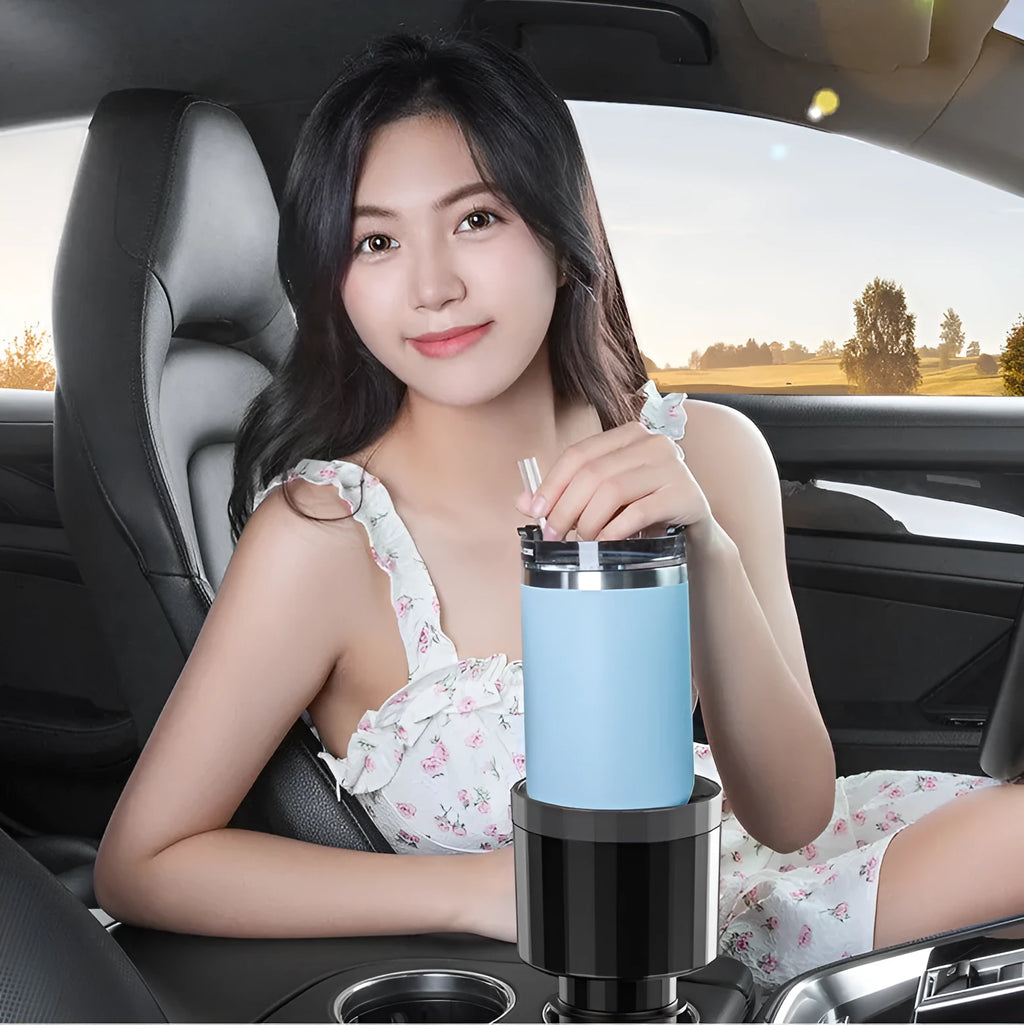 Matte black car cup holder expander adapter for oversized water bottles and drink containers