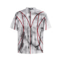 Padded shoulder short sleeve T-shirt with three-dimensional line patchwork round neck