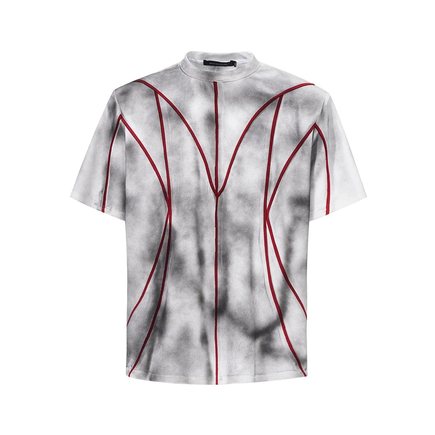 Padded shoulder short sleeve T-shirt with three-dimensional line patchwork round neck