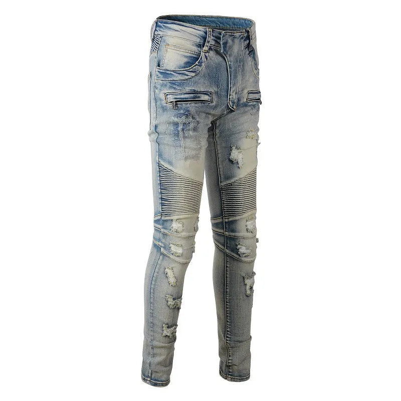 Men's light blue distressed slim stretch jeans with hand-frayed detailing