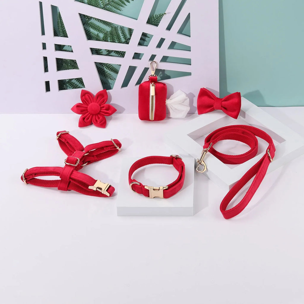 Classic velvet soft pet collar and traction rope set in red fleece with bow tie and flower accessory