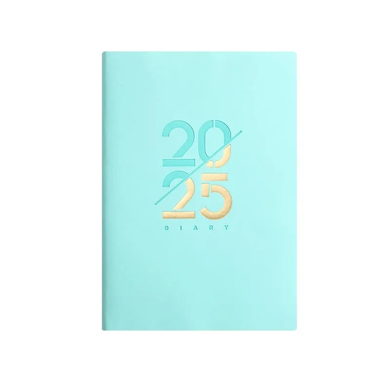 A5 soft faux leather 2025 daily planner book open on a desk, showing weekly schedule pages.