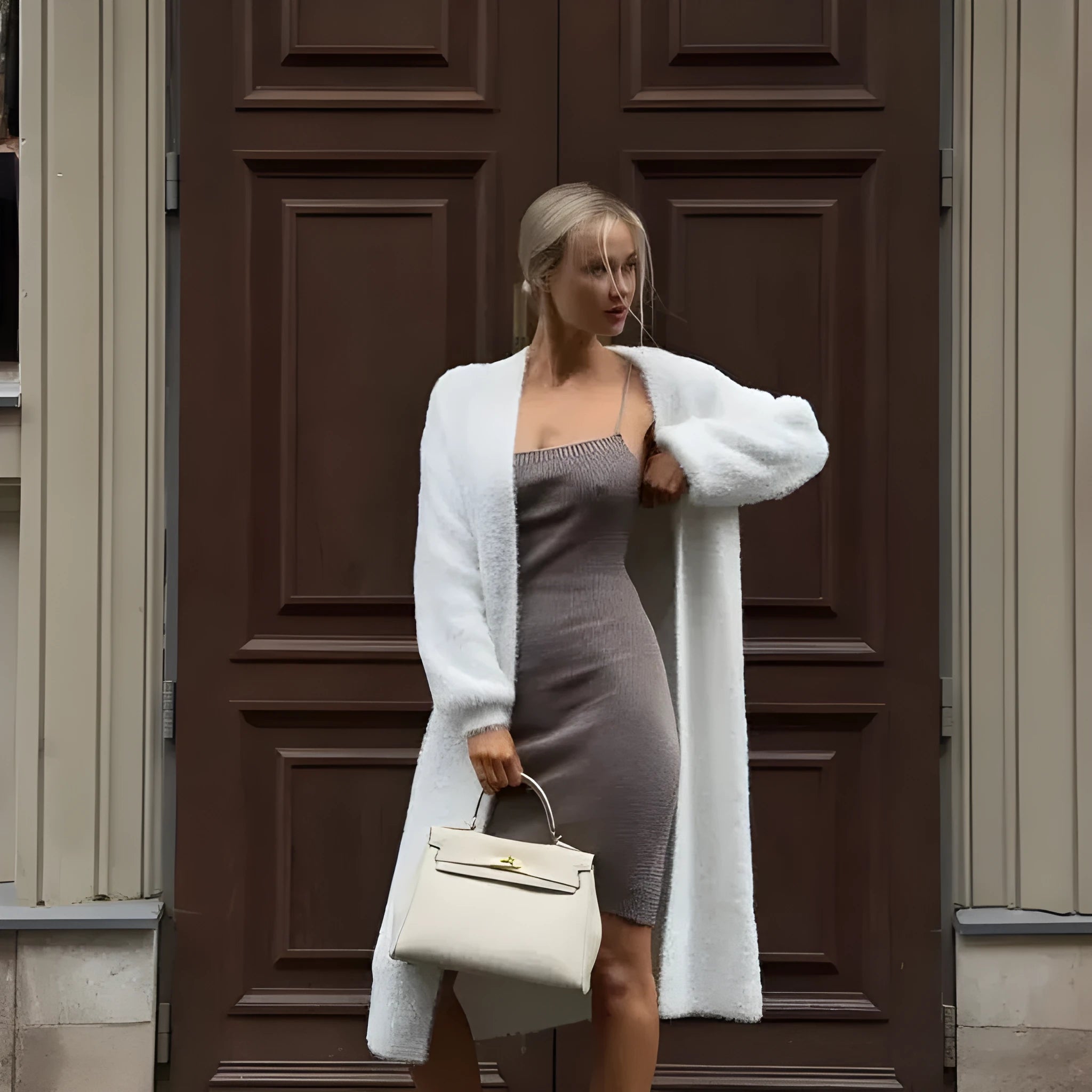 White long knitted cardigan jacket on a model, showing loose fit and 105cm length.