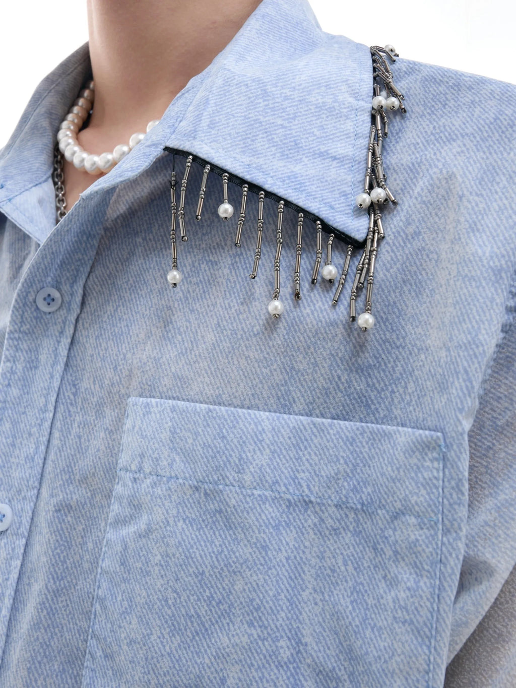 Men's blue and white gradient loose fit short sleeve casual shirt on a hanger.