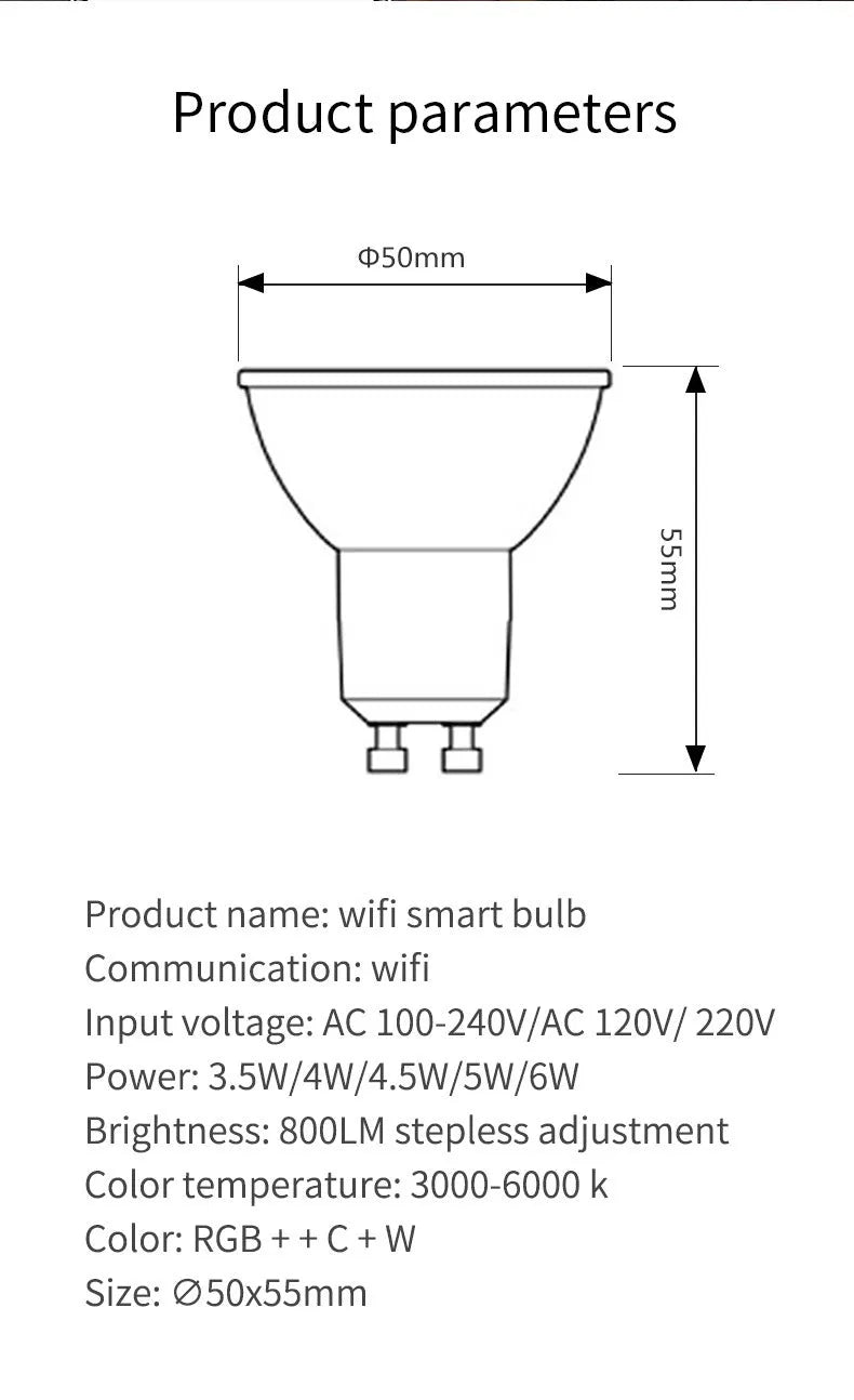 GU10 smart spotlight bulb with Wi-Fi and voice control, showing RGBCCT lighting capabilities