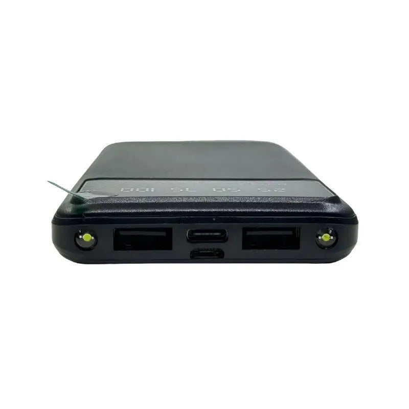 Ultra-thin black power bank showing compact design with 10000mAh capacity