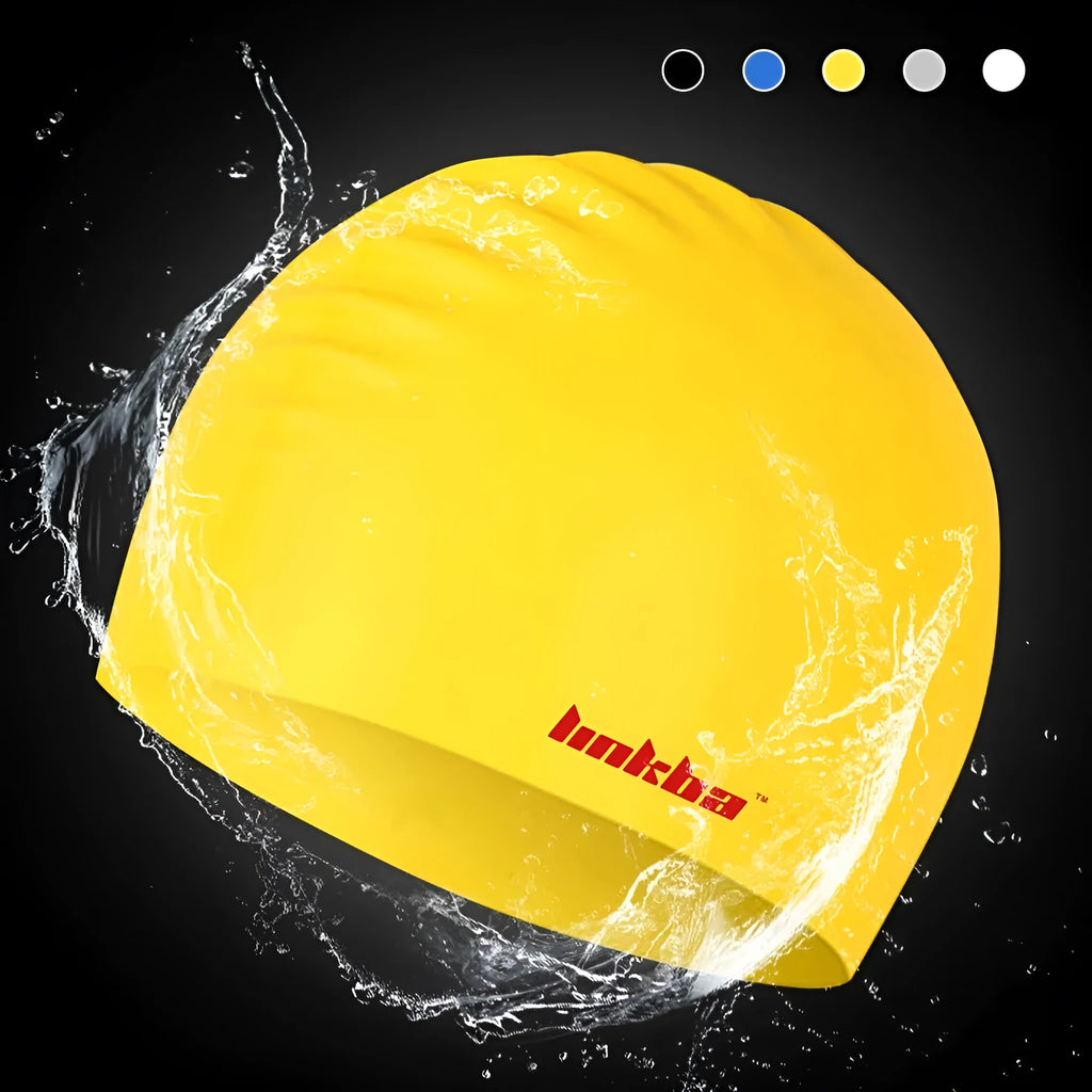 Silicone swimming cap with letter pattern in five colour options for waterproof swimming protection.