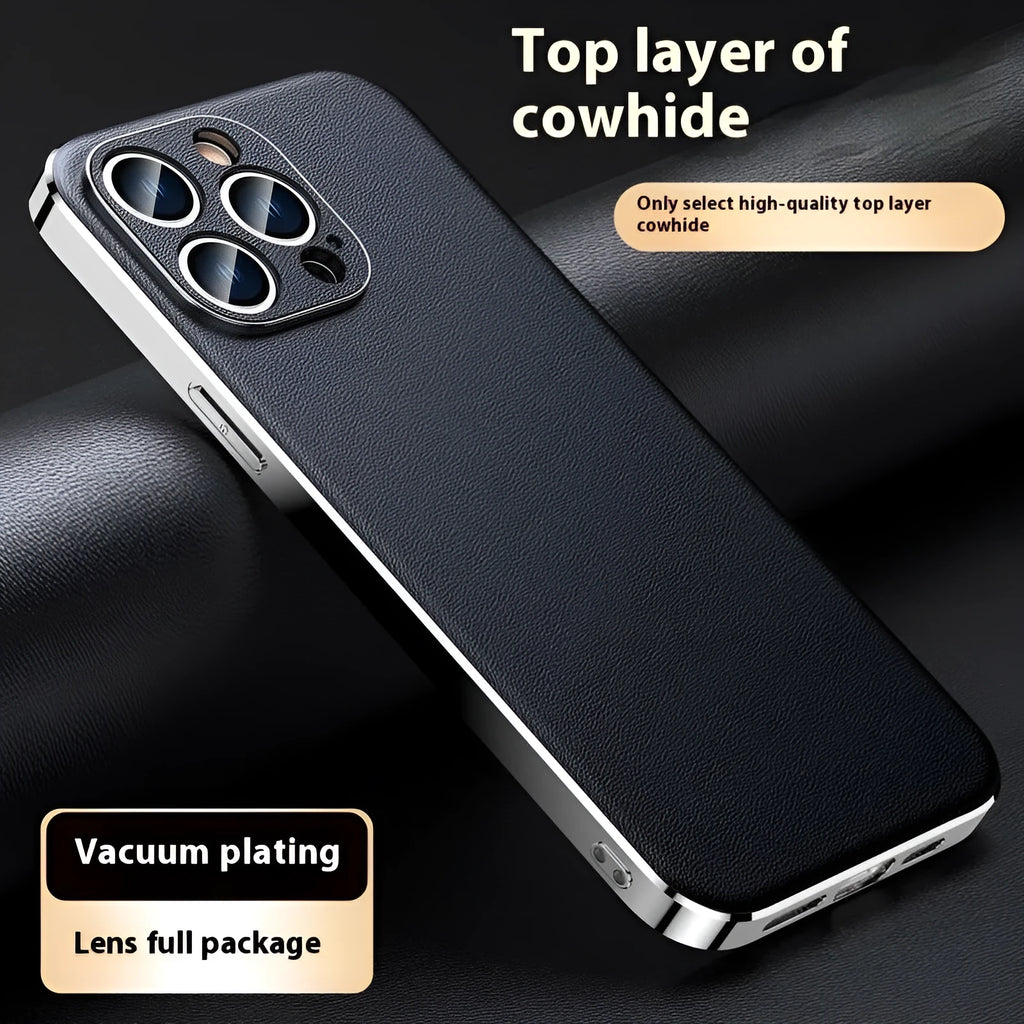 Genuine leather iPhone case with Napa texture, anti-fall and anti-fingerprint, in black, light blue, dark green, light purple and orange.