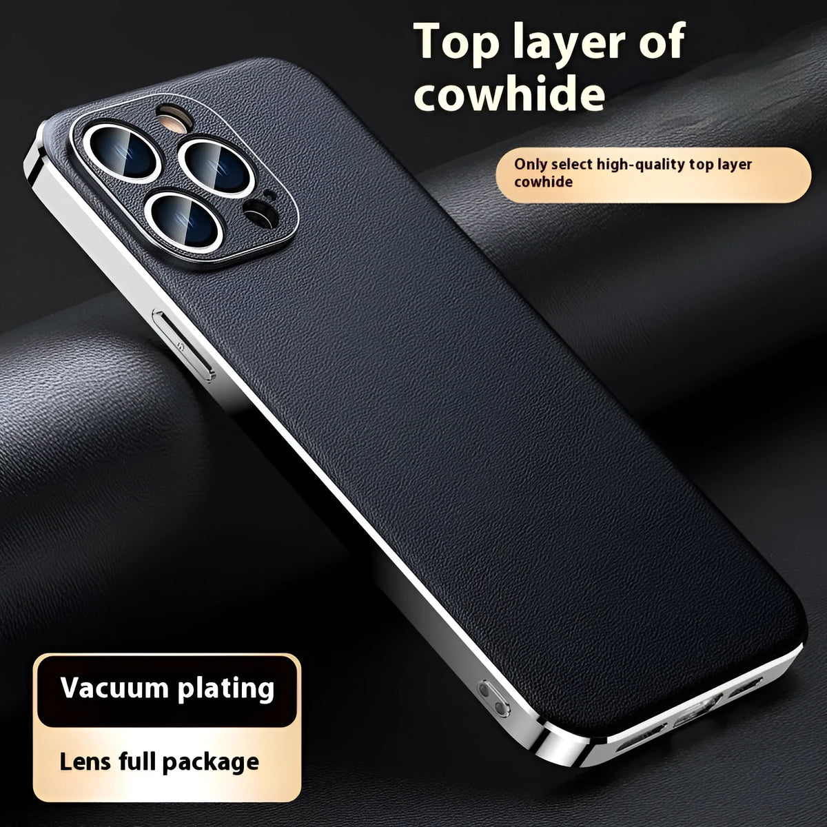 Genuine leather iPhone case with Napa texture, anti-fall and anti-fingerprint, in black, light blue, dark green, light purple and orange.