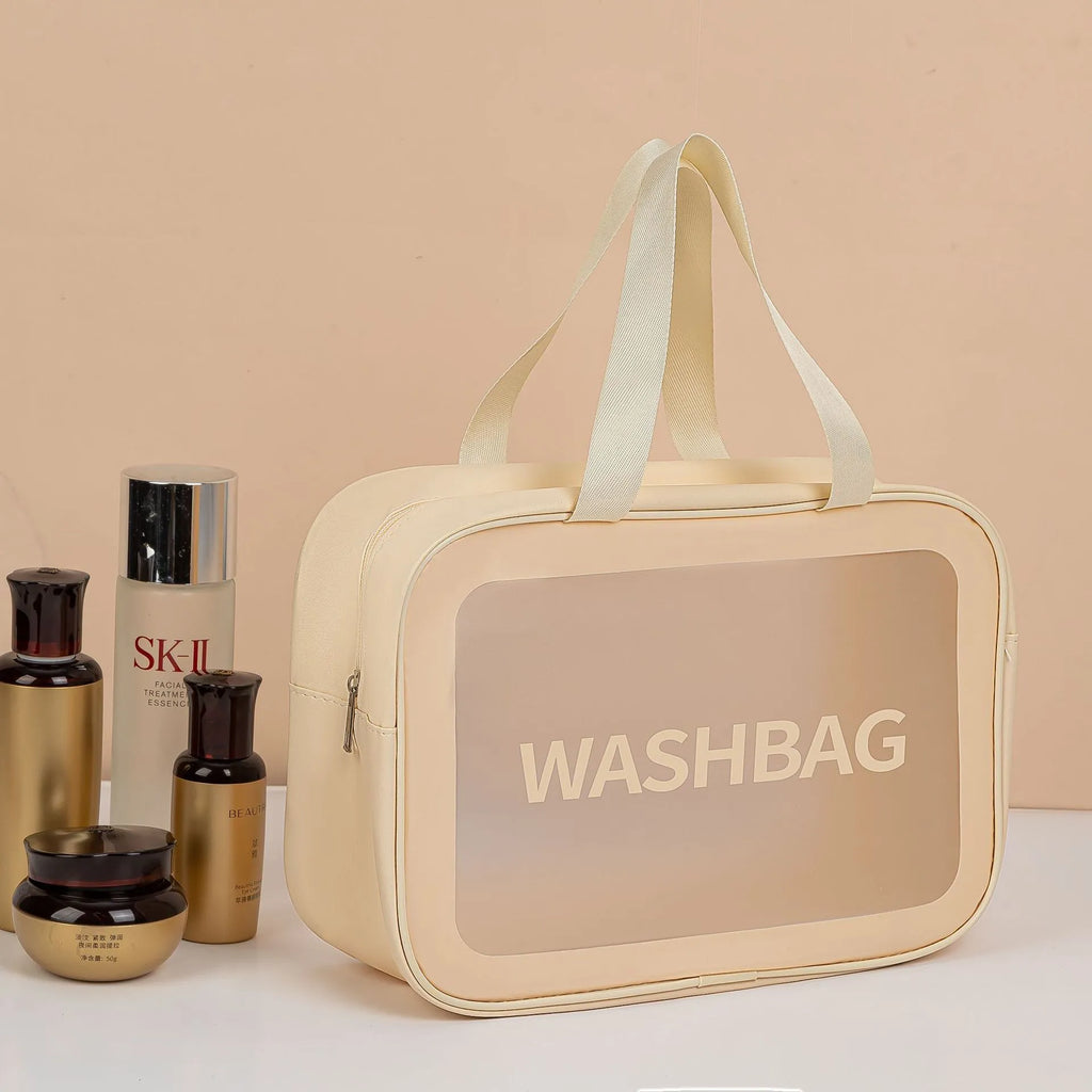 Large PVC transparent cosmetic bag set of three wash bags in beige and black