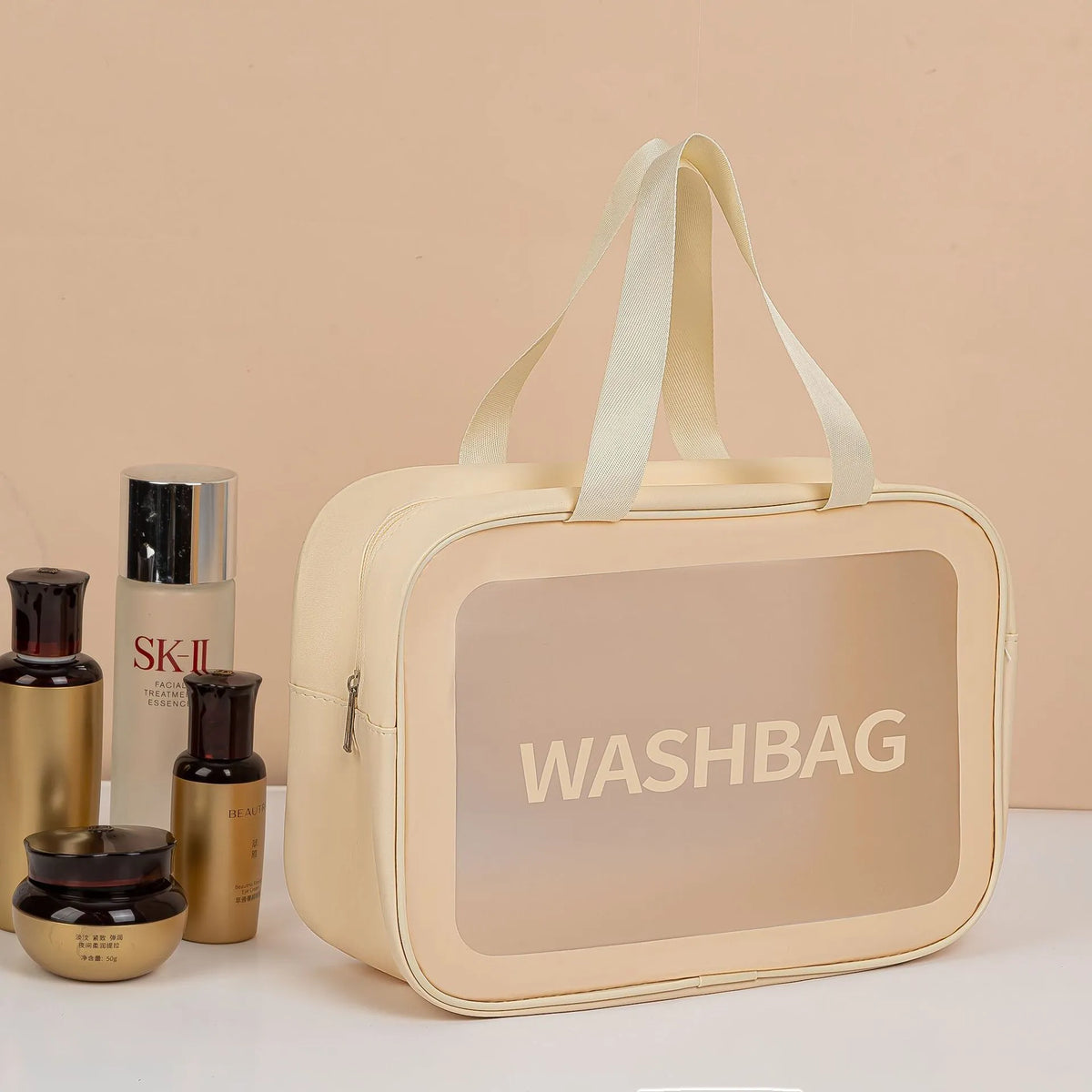 Large PVC transparent cosmetic bag set of three wash bags in beige and black