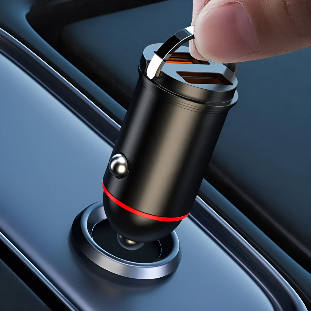 Black zinc alloy car charger with USB port for 200W fast charging in vehicles