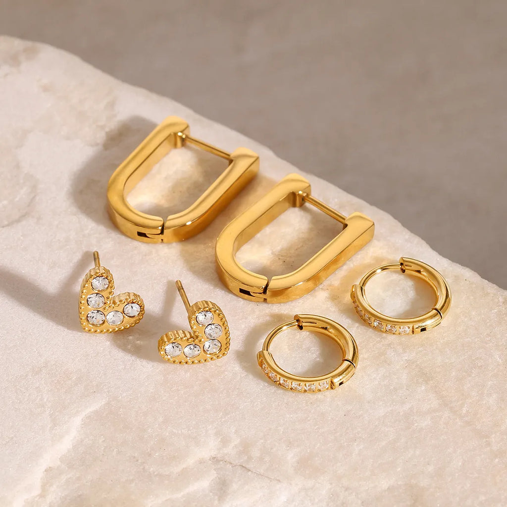 18K gold plated ear clip set with heart, U-shaped, star and geometric designs, 3 pairs
