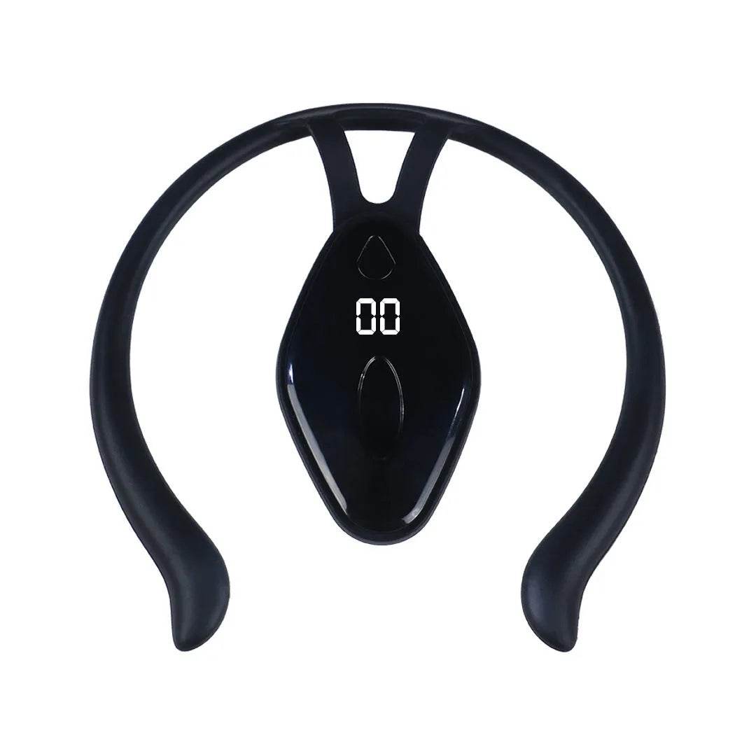 Children's smart LCD posture corrector with vibration reminder in black and orange, ergonomic design for invisible wearing