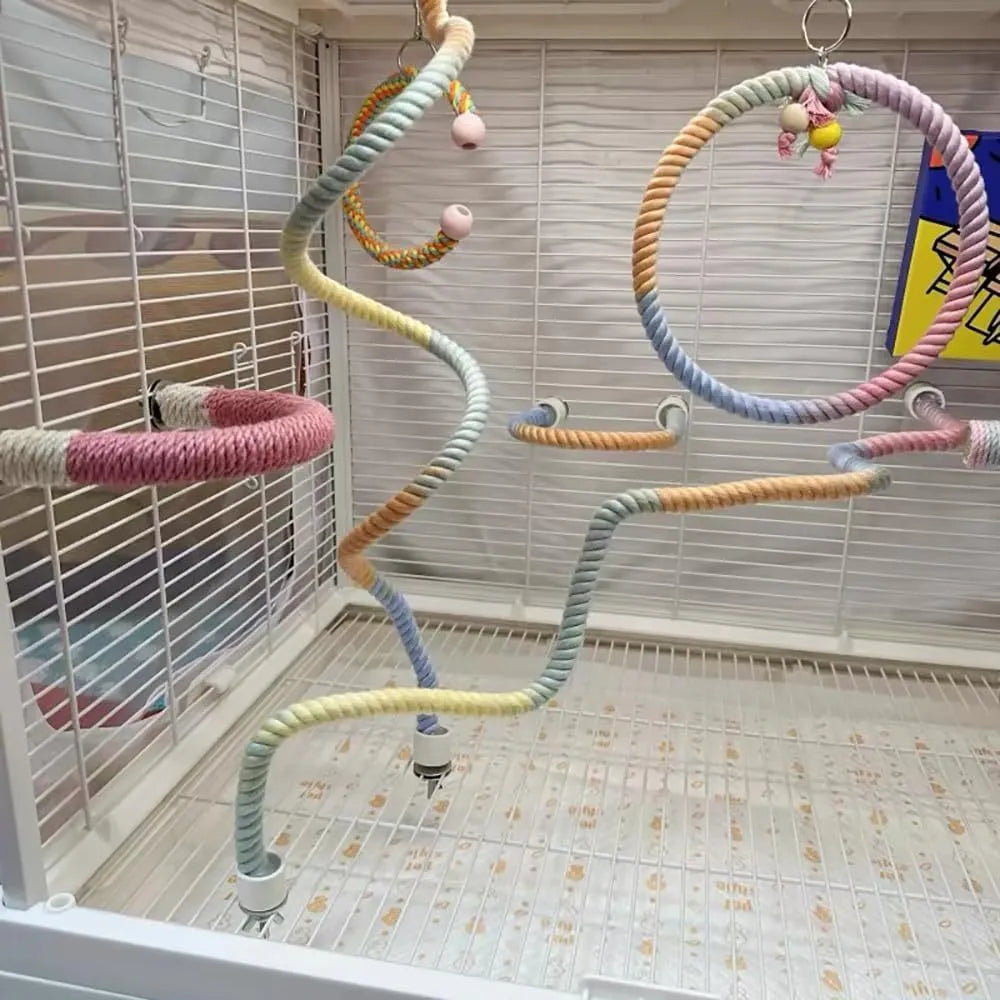 Gradient bendable bird rope perch set with U-shaped perch, long rope and circular swing in a birdcage