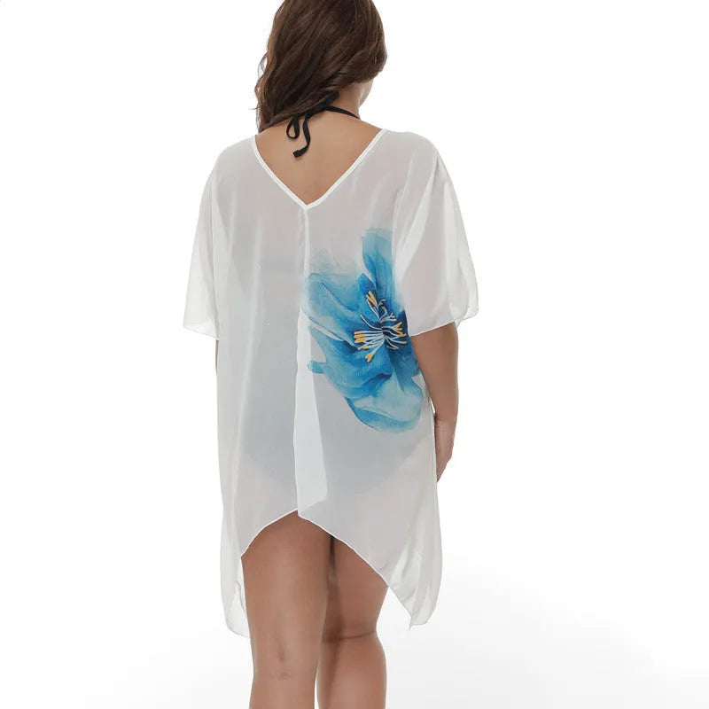 White plus size beach cover-up blouse with loose fit design for swimming and sun protection