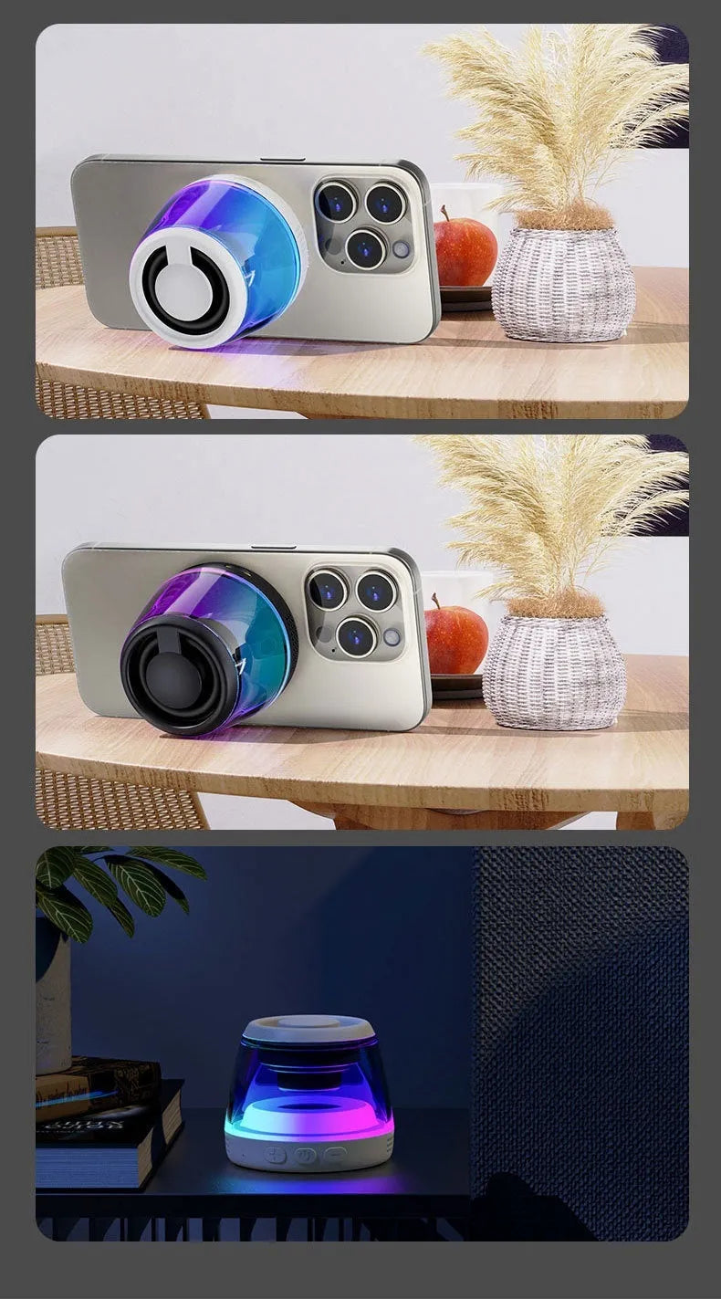White and black portable mini Bluetooth speaker with magnetic base and ambience light for outdoor and desktop use