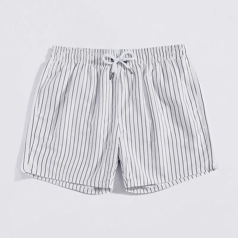 Men's white striped quick-drying loose plus-size beach pants with lining, waist elastic, and straight leg cut