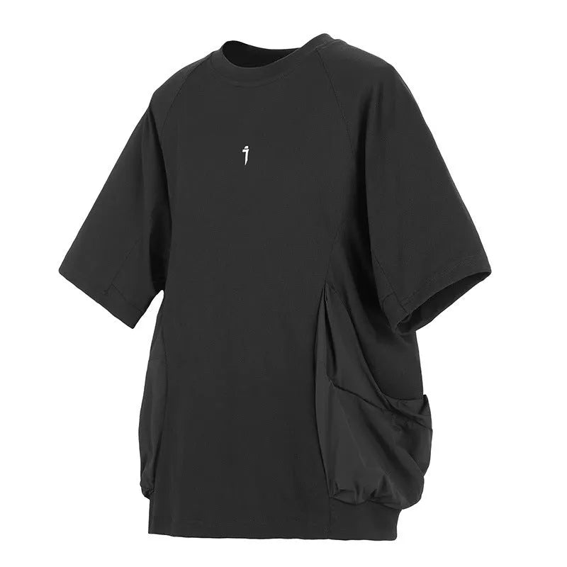 Men's loose black cotton t-shirt with two large pockets and round neck