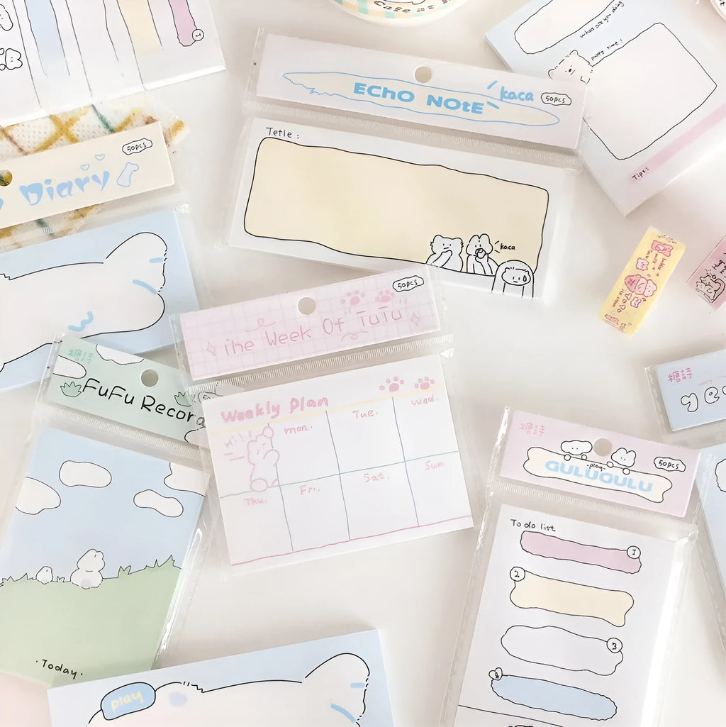 Cute cartoon hand account collage design sticky note pad in one of six styles, showing three size examples.