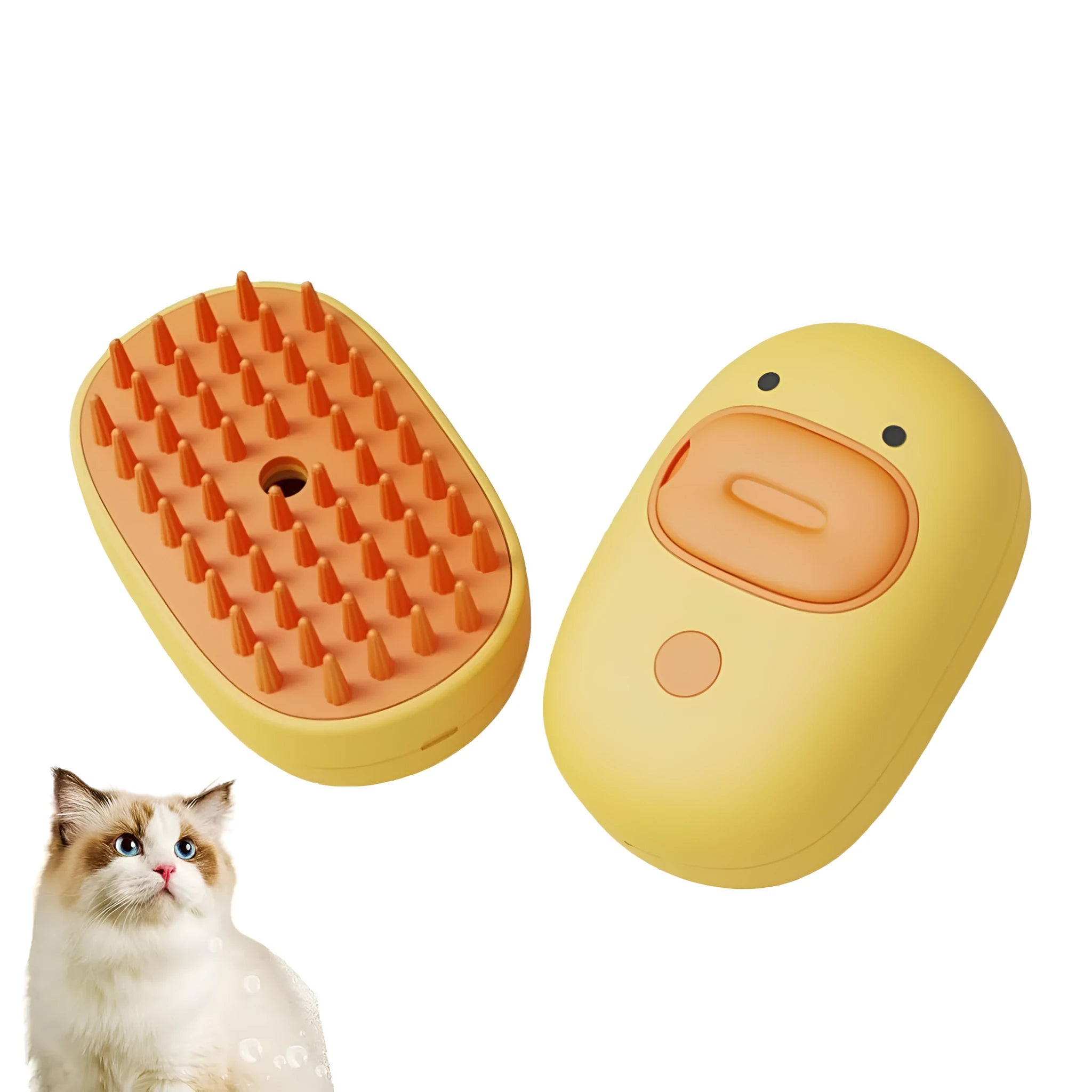 White and yellow rechargeable steam pet brush for dogs and cats on a table