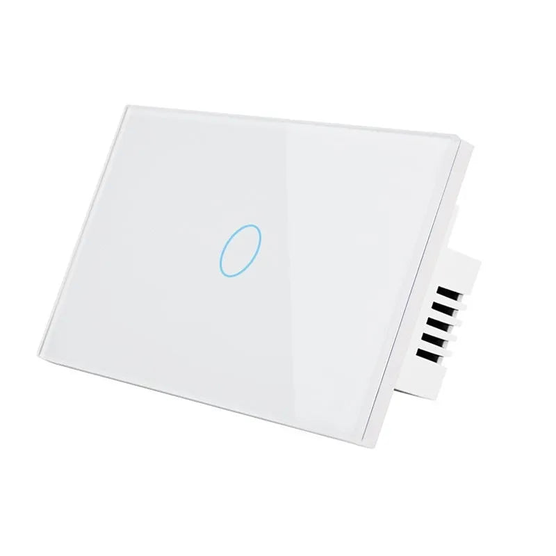 White RF wireless 2-gang touch wall switch with tempered glass panel and LED indicators
