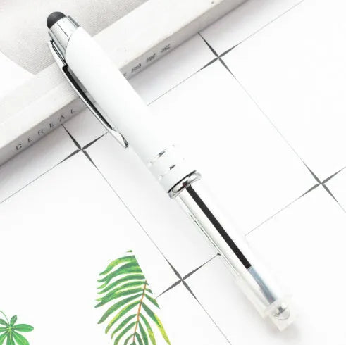 Metal capacitive stylus LED ballpoint pen in five colour options showing bullet pen head