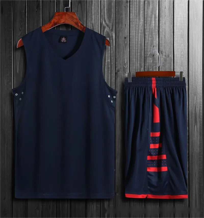 Black breathable sports vest and trousers set for basketball and fitness training on a neutral background.