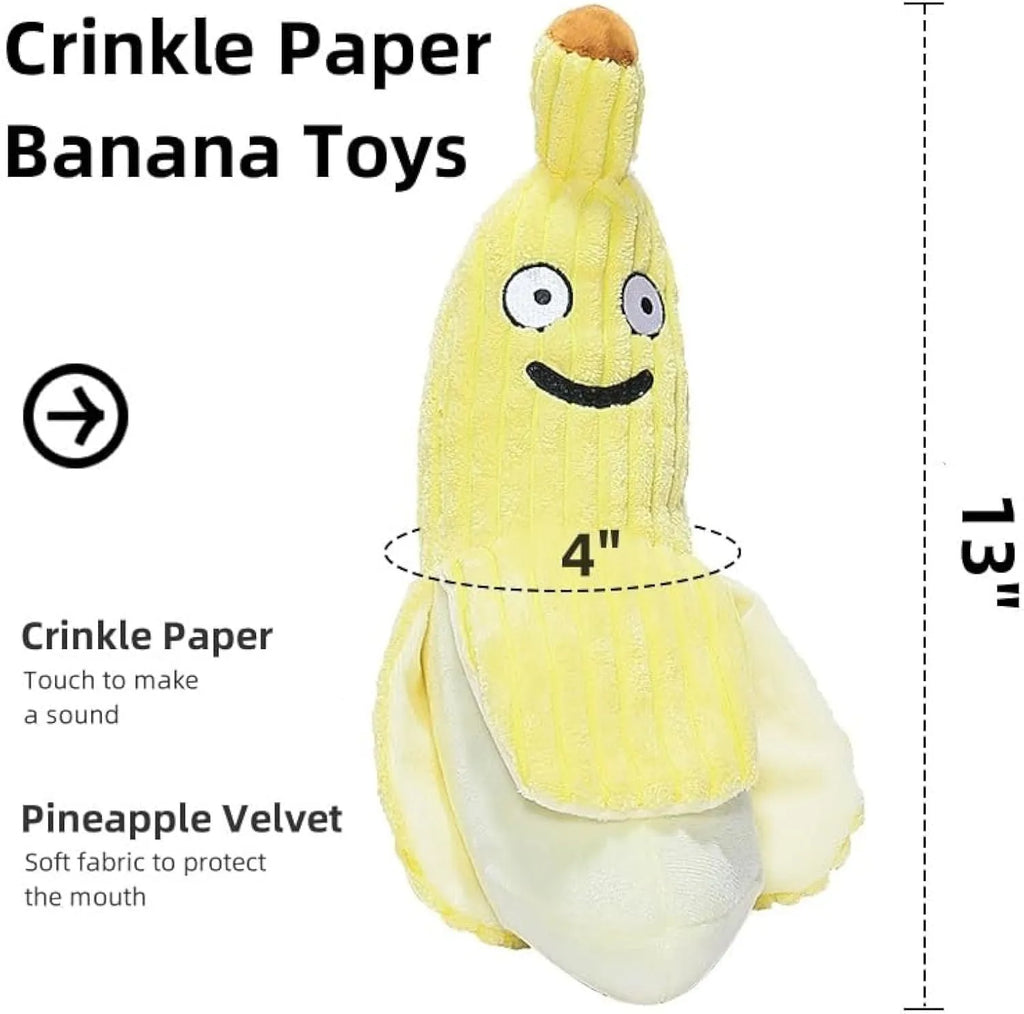 Yellow banana-shaped cat toy with soft plush texture and crinkle paper sound element