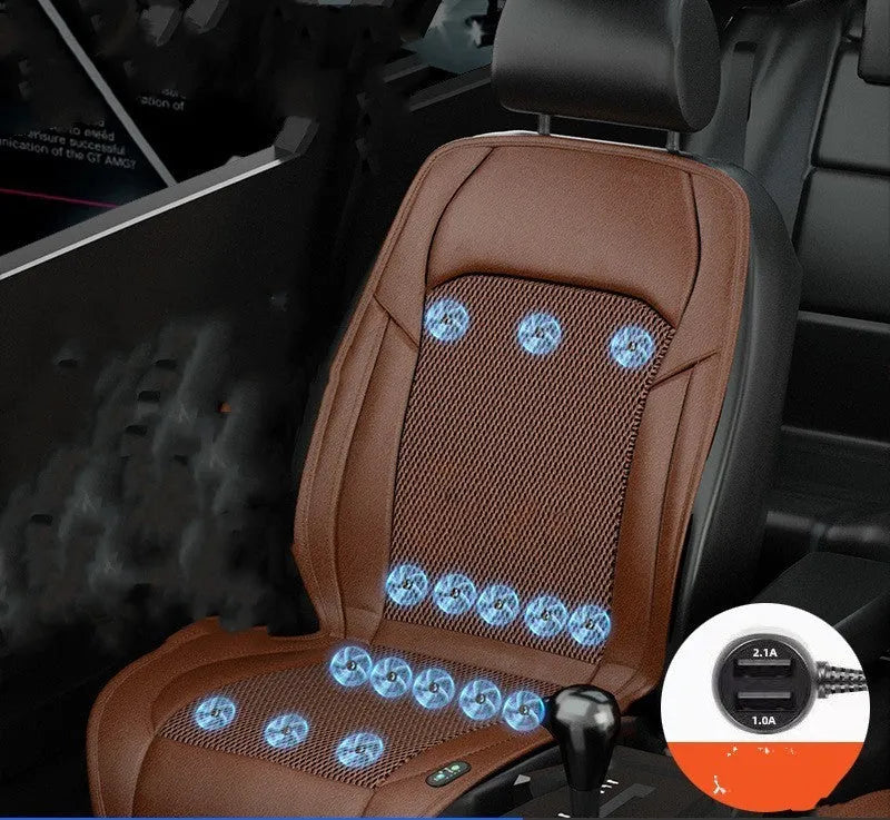 Black ventilated car seat cushion with multiple cooling fans, connected to a 12V car plug.