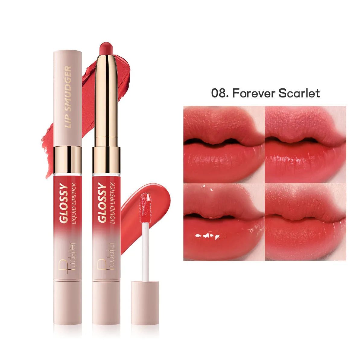 Double-headed lipstick and lip gloss in matte finish showing ten colour options 01 to 10