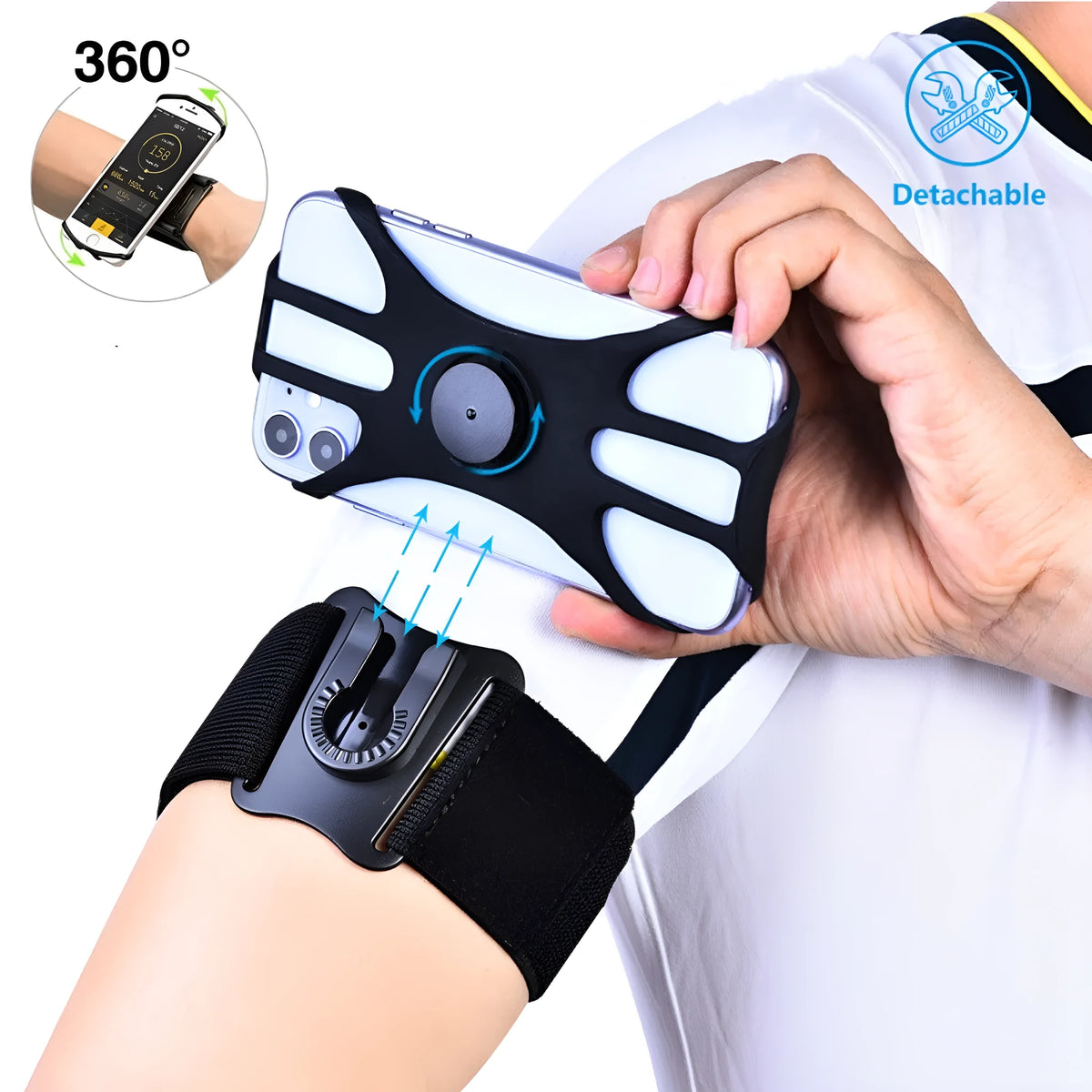 Black detachable swivel sports phone case with wrist strap, armband, silicone sleeve, and bicycle stand base