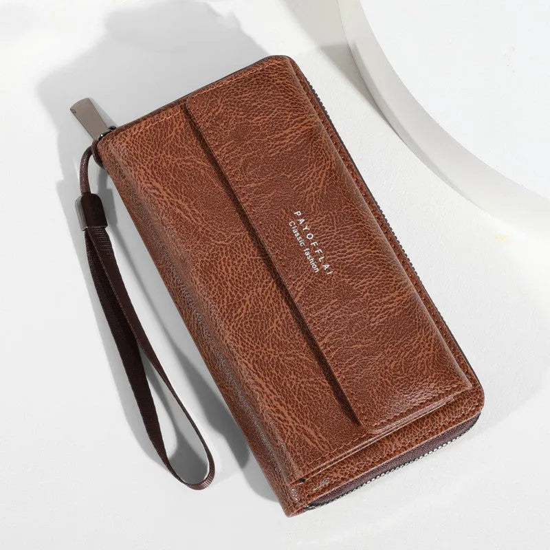 Men's black PU long wallet open to show multiple card slots and coin compartment.