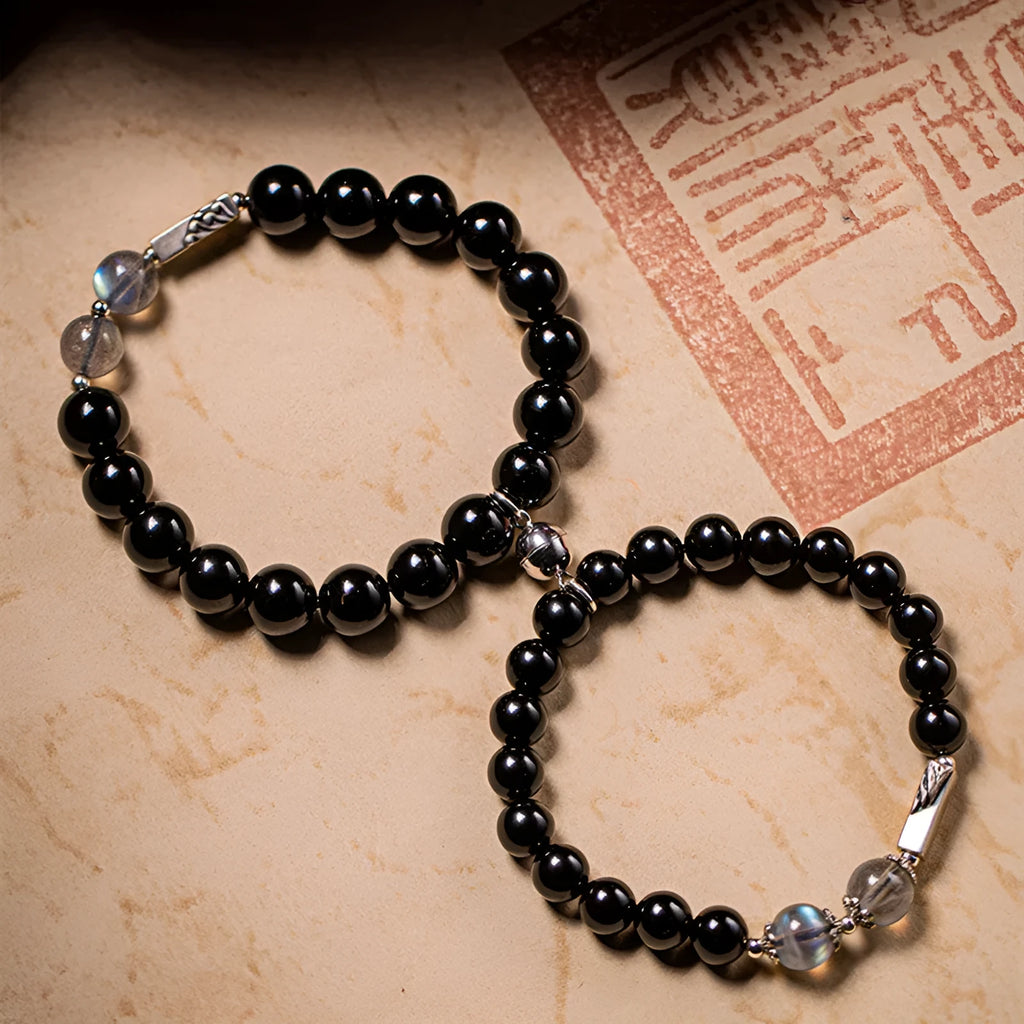 Obsidian Buddha beads couple bracelet DIY kit showing 8mm and 10mm beads for women's and men's bracelets