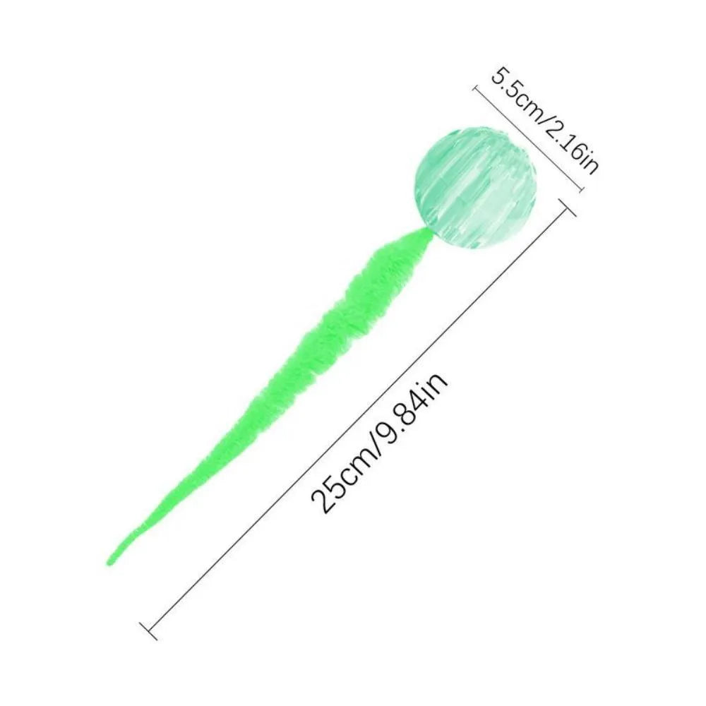 Green interactive bouncy ball cat toy with plush tail for indoor play
