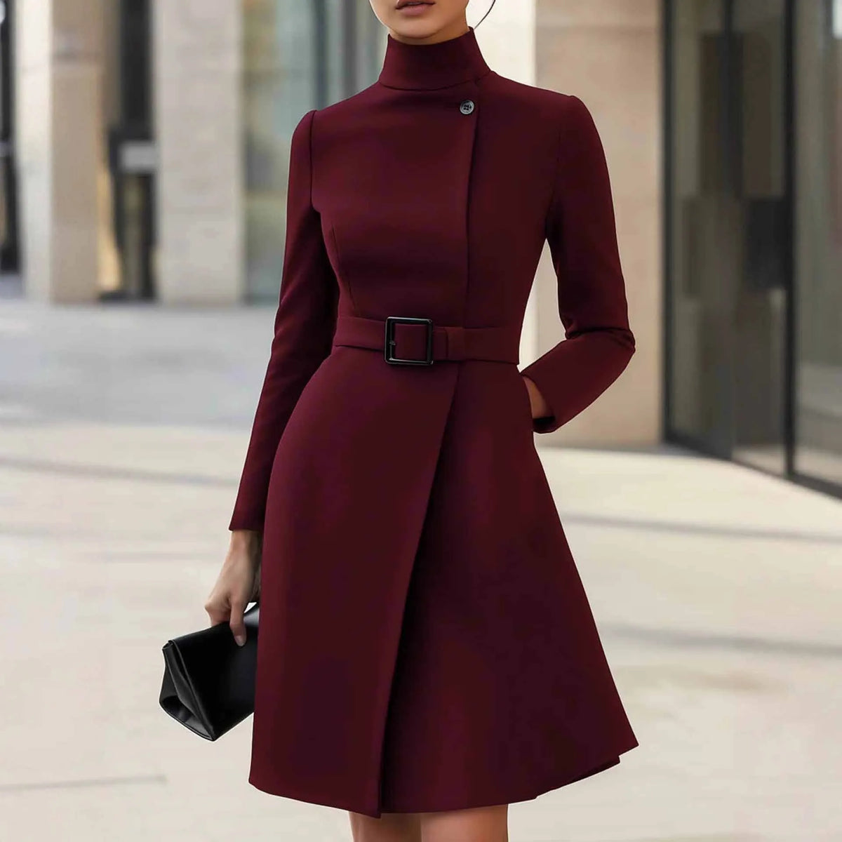 Women's black bohemian dress with high waist, long sleeves, and a stand collar