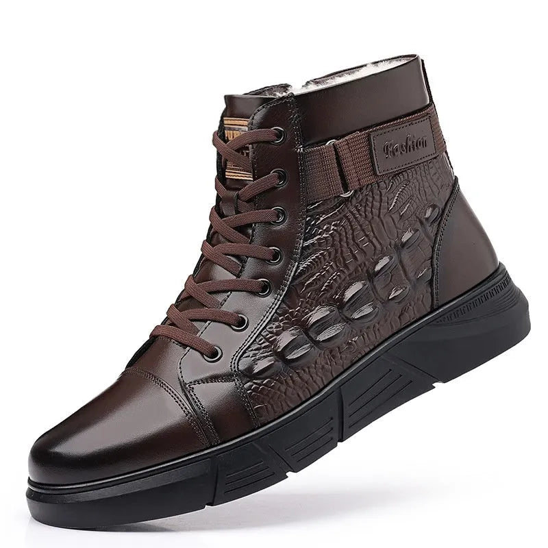 Genuine leather snow boots with integrated fur, non-slip rubber soles, and front lace-up closure