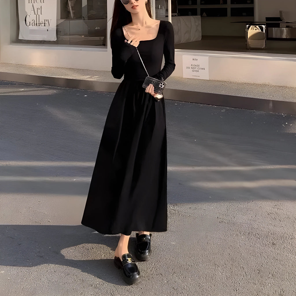Women's black square collar knitted dress with elastic waist and A-line silhouette