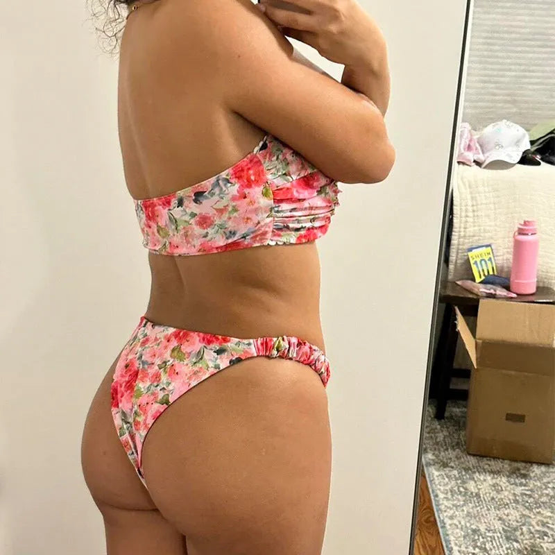 Floral print bikini set with tube top and briefs in European swimwear style