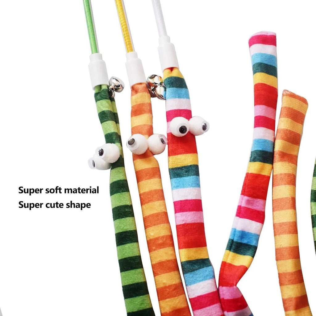 Cat wand toy with polycarbonate handle and colourful plush strip for interactive play