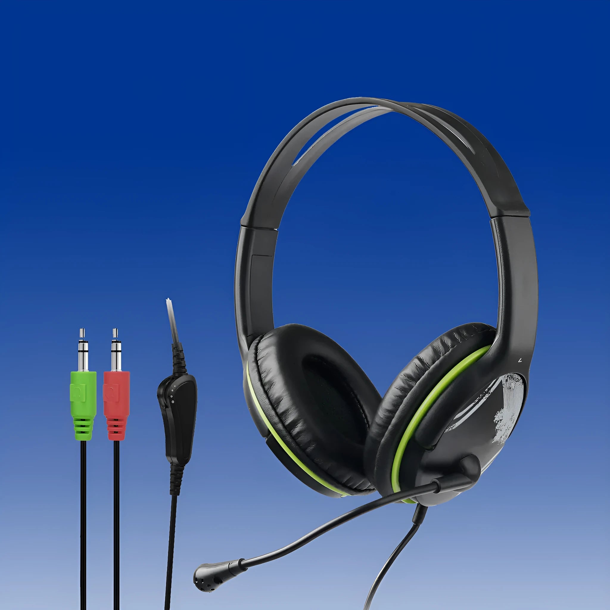 Black wired over-ear headset with headband, PU earmuffs, and 3.5mm plug for PC computer use