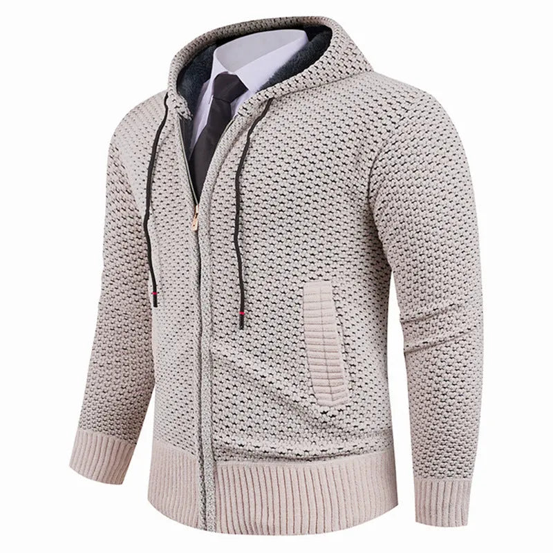 Men's hooded fleece lined sweater with pineapple pin in beige, shown front view on model, available in sizes M to 4XL