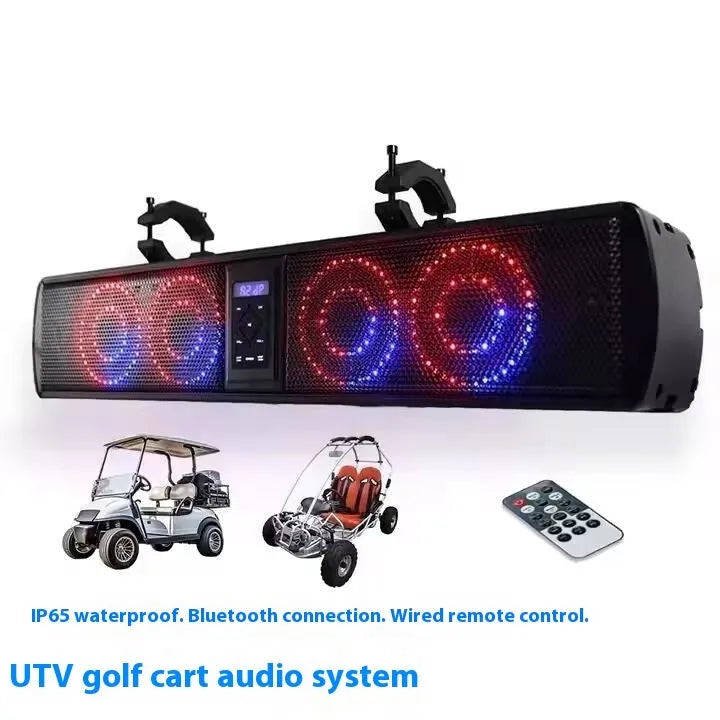Portable Bluetooth speaker soundbar for beach cars and golf carts in plastic housing.